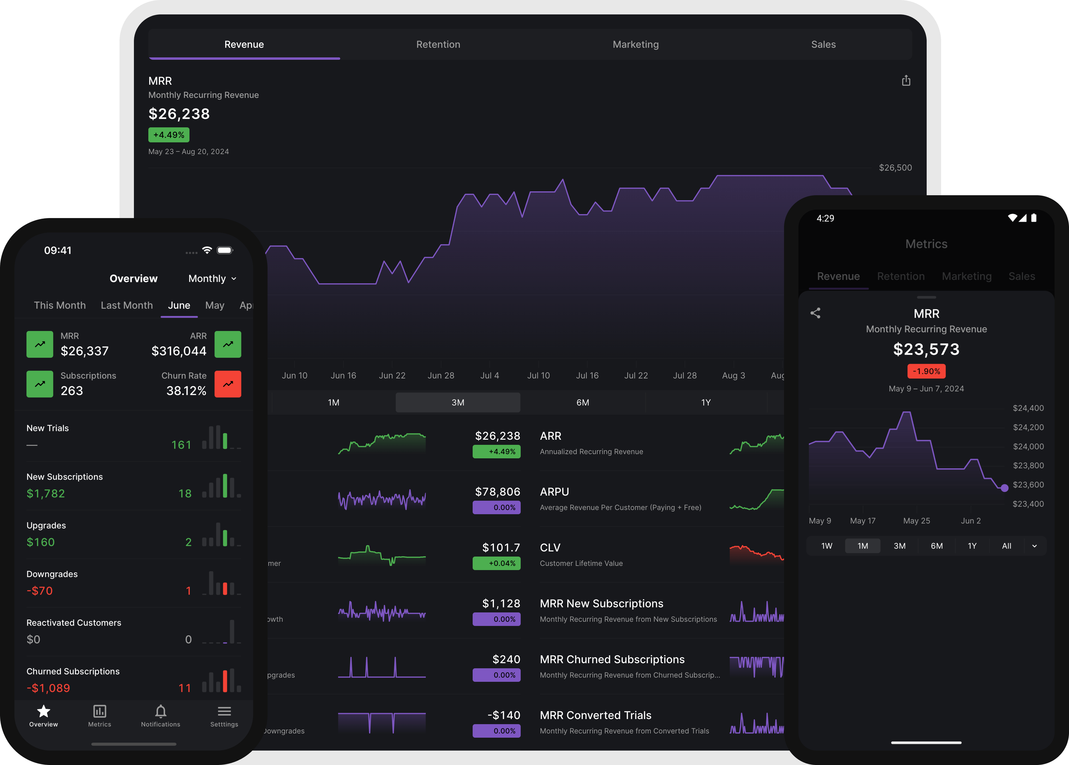Screenshot of devices displaying the app in dark mode